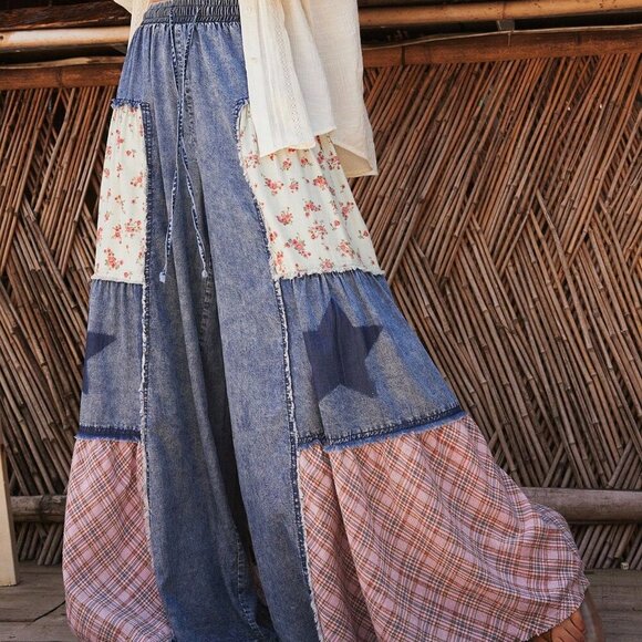 Multicolor Boho Women's Style Country Patchwork Plaid Loose Wide-Leg Casual Jean - Picture 3 of 7